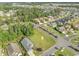 Aerial view of a neighborhood lot with water features in the distance, surrounded by lush greenery and homes at 600 Barona Dr., Myrtle Beach, SC 29579