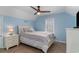 Comfortable bedroom with light blue walls, a ceiling fan, and a well-lit nightstand at 719 N Waccamaw Dr., Garden City Beach, SC 29576