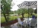 Cozy back patio with an umbrella-covered table and chairs, perfect for enjoying the peaceful backyard view with pond at 8304 Parasol Ct., Myrtle Beach, SC 29579