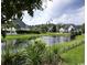 Scenic view of the community pond with a fountain, lush landscaping, and well-maintained green spaces at 8304 Parasol Ct., Myrtle Beach, SC 29579