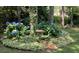 Landscaped garden with hydrangeas and bird bath in a wooded backyard setting at 165 Greenbriar Ave., Pawleys Island, SC 29585