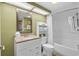 A clean and functional bathroom featuring a vanity, toilet, mirror, and a shower-tub combination at 2301 S Ocean Blvd. # 825, Myrtle Beach, SC 29577