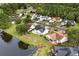 Aerial view of house with pond, golf course, and luscious green trees at 5215 Southern Trail, Myrtle Beach, SC 29579