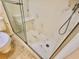 Close up of shower in bathroom, showcasing the glass door and decorative tiling accents at 635 Waterway Village Blvd. # 12-I, Myrtle Beach, SC 29579