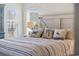 Close up of the primary suite bed, featuring white bedding and pillows with coastal decorations at 834 Summer Starling Pl., Myrtle Beach, SC 29577