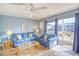 Bright living room features a blue couch, wood floors, and a ceiling fan at 1210 N Ocean Blvd. # 202, Surfside Beach, SC 29575