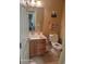 Cozy half bathroom with wood cabinets, a decorative mirror, and a clean, simple design at 153 Highmeadow Ln., Aynor, SC 29511