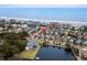 Aerial view shows colorful houses located near the beach and a pond at 1031 N Dogwood Dr., Surfside Beach, SC 29575