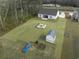 Aerial view of a backyard with a shed, patio set and a garden bed in a lush green yard at 250 Ole Maple St., Loris, SC 29569