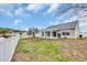 Wide view of the backyard with white fence and a covered patio overlooking a community lake at 378 Thistle Ln., Myrtle Beach, SC 29579