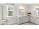 Spacious bathroom with dual vanities, white cabinets, modern fixtures, and a bright, airy atmosphere at 833 Ireland Dr., Longs, SC 29568