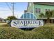 Sign for Seabridge, A Planned Community, showing the well-manicured landscaping at 1032 N Ocean Blvd., Surfside Beach, SC 29575