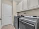 Laundry room with modern, stainless steel washer and dryer units and storage at 133 Puffin Dr. # 3-E, Pawleys Island, SC 29585