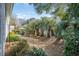 Landscaped backyard featuring a row of palm trees, patio with dining, and a glimpse of the house at 182 Minnow Dr., Pawleys Island, SC 29585