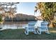 Relaxing backyard scene with white Adirondack chairs overlooking a serene river and lush trees at 4413 Bed Straw Ct., Murrells Inlet, SC 29576