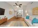 Bright living room featuring modern furnishings, wood floors, and a ceiling fan at 922 Fairwood Lakes Ln. # 22M, Myrtle Beach, SC 29588