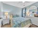 Light and airy bedroom with a blue patterned bedspread, dresser, and bedside lamps at 299 Lake Arrowhead Rd., Myrtle Beach, SC 29572