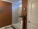 Modern bathroom with a glass enclosed walk-in shower, decorative mirror, and flower vase at 3009 Woodbury Ct., Conway, SC 29527