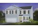 A digitally rendered two-story home with light blue siding, black shutters, gray roof, and a one car garage at 128 Caveson Way, Conway, SC 29526