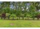 Landscaped backyard with a black iron fence and various trees and shrubs at 2568 Goldfinch Dr., Myrtle Beach, SC 29577