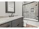 Bathroom showcasing a granite countertop, gray vanity, modern hardware, and a glass-enclosed shower at 128 Seabreeze Dr., Murrells Inlet, SC 29576