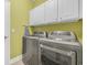 A modern laundry room featuring a gray washer and dryer set with white cabinets above and a yellow painted wall at 132 Summerlight Dr., Murrells Inlet, SC 29576