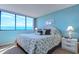 Serene bedroom with an ocean view, a comfortable bed with patterned bedding, and complementary decor for a relaxing retreat at 2307 S Ocean Blvd. # 5A, North Myrtle Beach, SC 29582