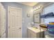 Cozy bathroom featuring a gray vanity, well-lit mirror, and convenient towel storage, exuding a fresh and clean aesthetic at 308 24Th Ave. N, North Myrtle Beach, SC 29582