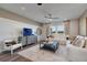 Bright living room with a white sofa, stylish coffee table, ceiling fan, and large windows at 973 Laconic Dr., Myrtle Beach, SC 29588