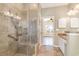 Modern bathroom featuring a tiled walk-in shower and vanity with granite countertop at 4535 Lightkeepers Dr. # 27B, Little River, SC 29566