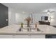 Close up of kitchen sink and faucet with adjacent open floor plan and living room at 519 Grass Fern Ct., Longs, SC 29568