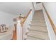 Carpeted staircase with white railings and wood trim, leading to the upper level of the home at 914 Hillside Dr. S # O, North Myrtle Beach, SC 29582