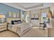 Serene main bedroom featuring tray ceiling, soft lighting, neutral decor, and views of the water at 1609 Seachase Way, North Myrtle Beach, SC 29582