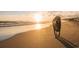 Golden Retriever dog on a sandy beach with the sun setting over the ocean, creating a warm and inviting scene at 1705 Seachase Way, North Myrtle Beach, SC 29582