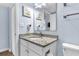 Bathroom with vanity with granite countertop and wall mounted hairdryer at 2801 S Ocean Blvd. # 733, North Myrtle Beach, SC 29582