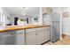 Kitchen with gray cabinets and butcher block countertop next to a stainless steel refrigerator at 4655 Wild Iris Dr. # 101, Myrtle Beach, SC 29577