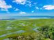 Picturesque aerial view of marshland and bridge leading to coastal oceanfront homes, showcasing scenic beauty at 89 Enclave Pl., Pawleys Island, SC 29585