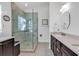Modern bathroom featuring a glass-enclosed shower and dual sink vanity at 118 Ellington Ln., Pawleys Island, SC 29585