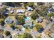 Aerial shot of a neighborhood featuring a blue home with a private pool, lush greenery, and well-maintained lawns at 321 Jay St., Murrells Inlet, SC 29576