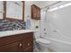 Bathroom boasts a modern vanity, ceramic tile floor and a shower-tub combination at 453 Saint Charles Circle, Myrtle Beach, SC 29588