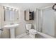 Bathroom featuring a pedestal sink, frosted glass shower, and medicine cabinet at 197 Black Bear Rd., Myrtle Beach, SC 29588