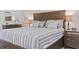 Spacious main bedroom with a wooden headboard, soft lighting, and stylish decor at 2300 N Ocean Blvd. # 1037, Myrtle Beach, SC 29577