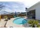 Backyard showcasing a sparkling in-ground pool with patio seating and lush landscaping at 8091 Bark Ct., Murrells Inlet, SC 29576