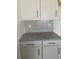 Updated kitchen with new granite countertops, white cabinets, and grey mosaic backsplash at 969 Oak Hollow St., Longs, SC 29568