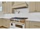 Close-up of a gourmet kitchen with stainless steel stove, pot filler, custom cabinets, and marble backsplash at 373 St. Julian Ln., Myrtle Beach, SC 29579