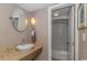 Clean bathroom with granite countertop vanity and a shower-tub combination at 6900 N Ocean Blvd. # 837, Myrtle Beach, SC 29572