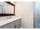 Bathroom vanity with marble top is adjacent to a glass shower at 8533 Cedar Trace Dr., Myrtle Beach, SC 29588