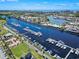 This aerial view showcases the marina and waterway with boats of all sizes at 2241 Waterview Dr. # 527, North Myrtle Beach, SC 29582