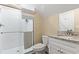 Bathroom featuring a shower with glass door, and a single sink vanity with granite counters at 547 Bucks Trail, Longs, SC 29568