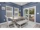 Cozy dining room with blue walls and a sliding glass door leading to the outdoor patio and seating area at 4092 Bayhill St., Myrtle Beach, SC 29579